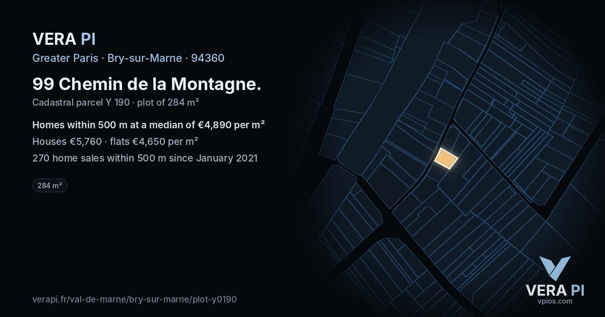 99 Chemin de la Montagne, Bry-sur-Marne at night – the plot lit, the parcels around coloured by the prices near them