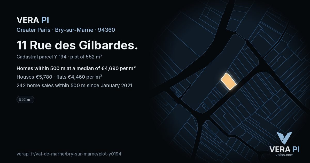 11 Rue des Gilbardes, Bry-sur-Marne at night – the plot lit, the parcels around coloured by the prices near them