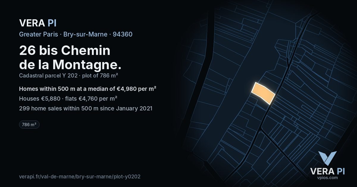 26 bis Chemin de la Montagne, Bry-sur-Marne at night – the plot lit, the parcels around coloured by the prices near them