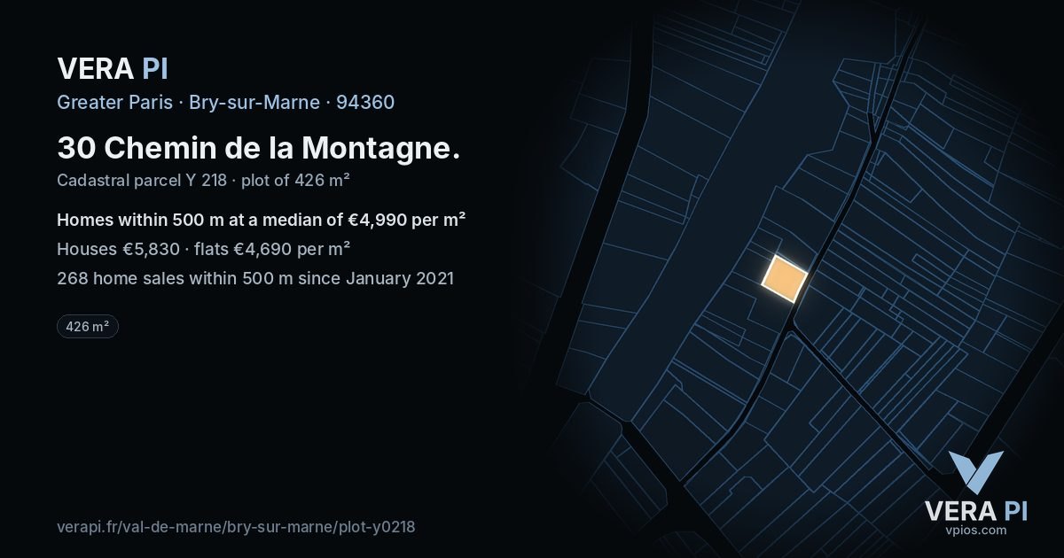 30 Chemin de la Montagne, Bry-sur-Marne at night – the plot lit, the parcels around coloured by the prices near them