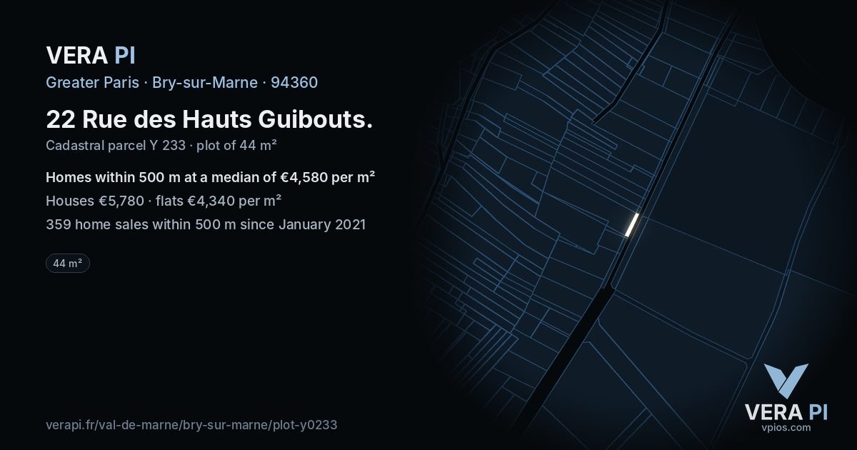 22 Rue des Hauts Guibouts, Bry-sur-Marne at night – the plot lit, the parcels around coloured by the prices near them