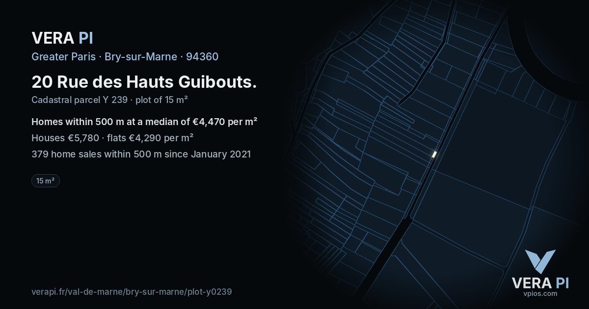 20 Rue des Hauts Guibouts, Bry-sur-Marne at night – the plot lit, the parcels around coloured by the prices near them
