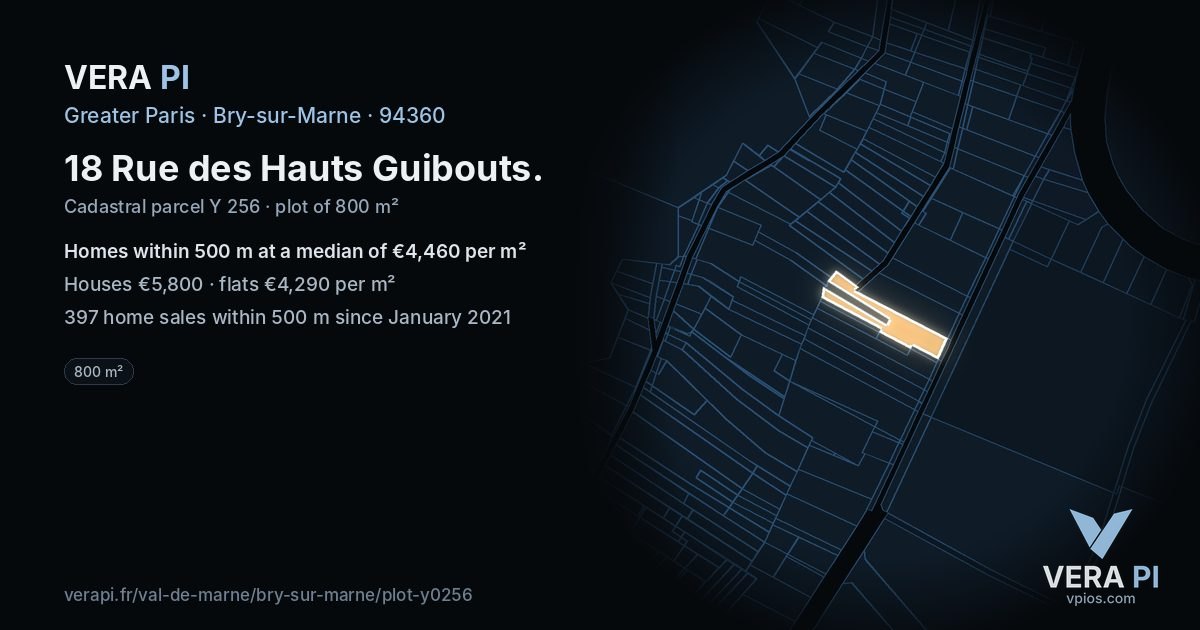 18 Rue des Hauts Guibouts, Bry-sur-Marne at night – the plot lit, the parcels around coloured by the prices near them