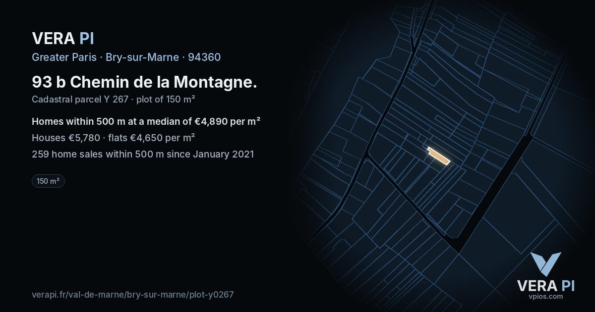 93 b Chemin de la Montagne, Bry-sur-Marne at night – the plot lit, the parcels around coloured by the prices near them