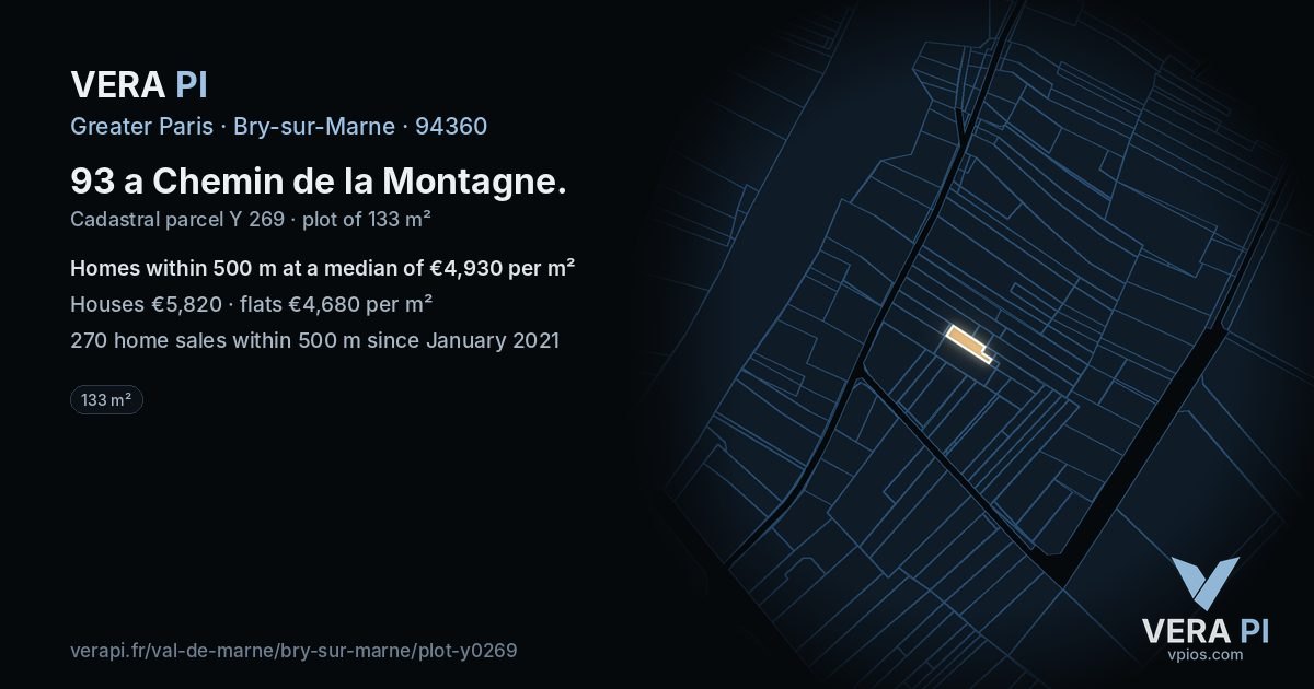 93 a Chemin de la Montagne, Bry-sur-Marne at night – the plot lit, the parcels around coloured by the prices near them