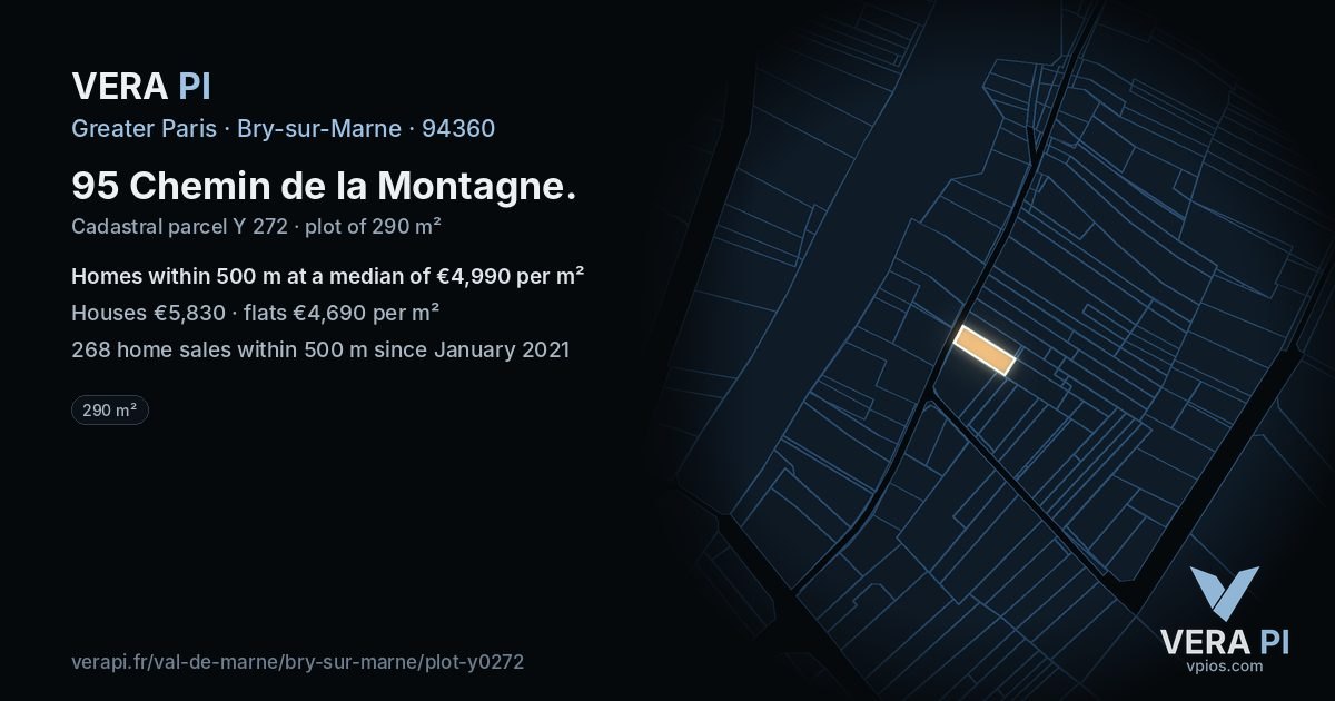 95 Chemin de la Montagne, Bry-sur-Marne at night – the plot lit, the parcels around coloured by the prices near them