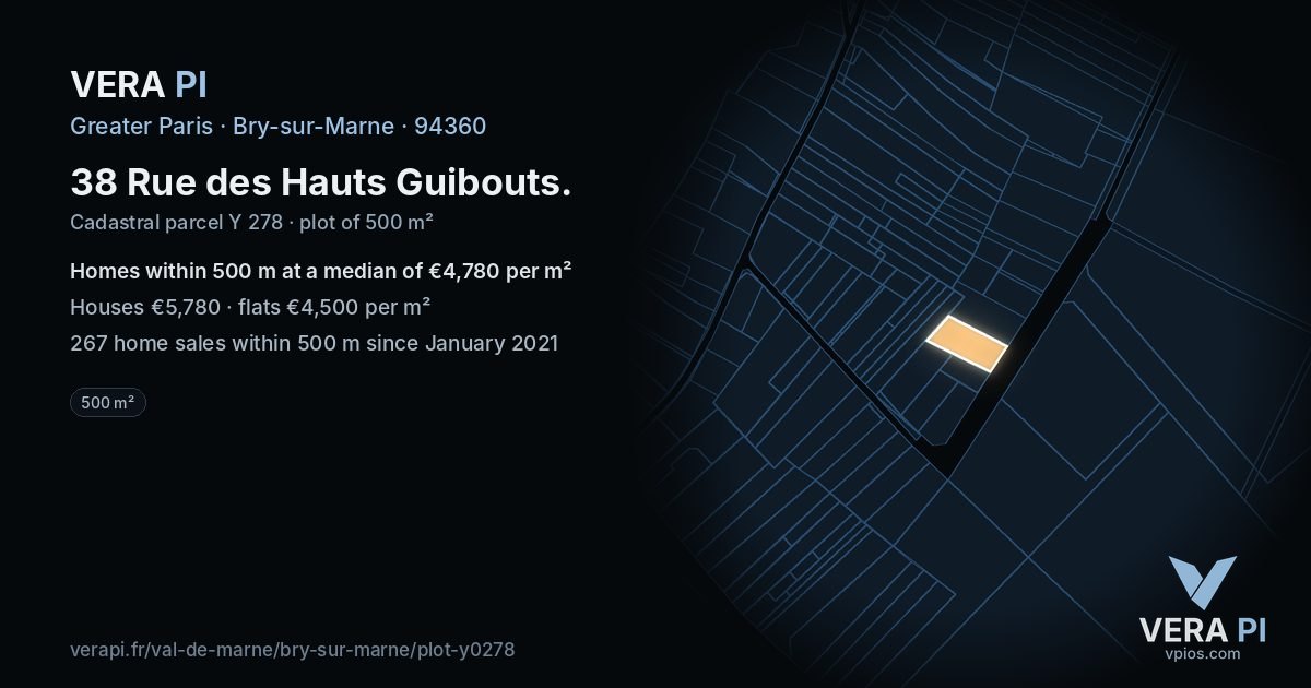 38 Rue des Hauts Guibouts, Bry-sur-Marne at night – the plot lit, the parcels around coloured by the prices near them