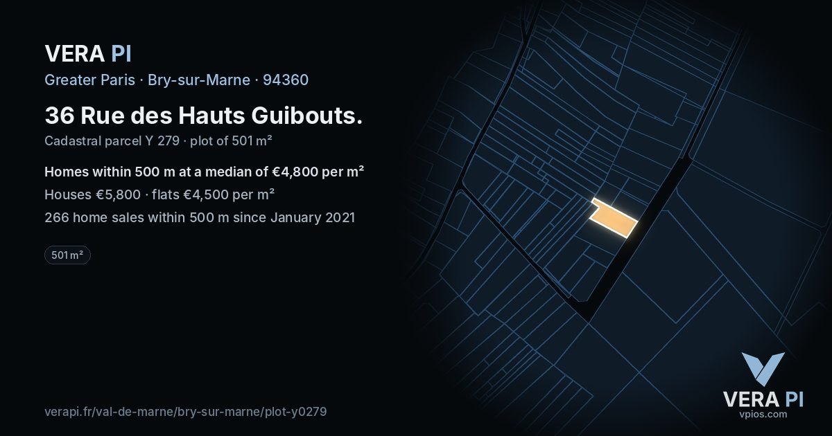 36 Rue des Hauts Guibouts, Bry-sur-Marne at night – the plot lit, the parcels around coloured by the prices near them