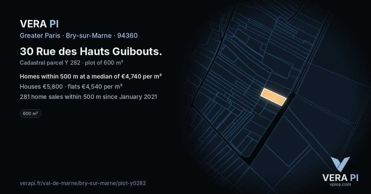 30 Rue des Hauts Guibouts, Bry-sur-Marne at night – the plot lit, the parcels around coloured by the prices near them