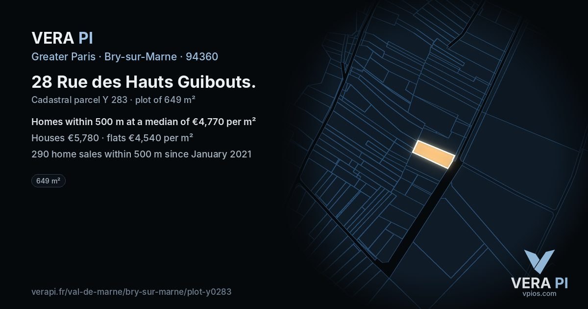 28 Rue des Hauts Guibouts, Bry-sur-Marne at night – the plot lit, the parcels around coloured by the prices near them