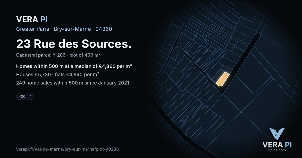 23 Rue des Sources, Bry-sur-Marne at night – the plot lit, the parcels around coloured by the prices near them