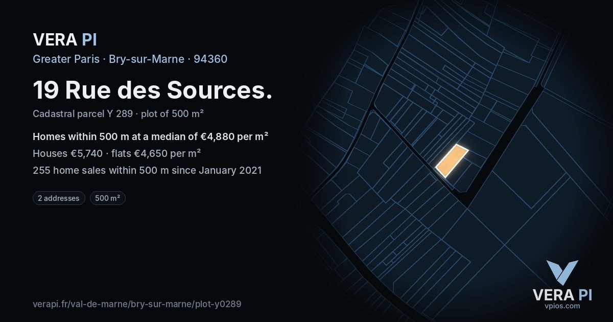 19 Rue des Sources, Bry-sur-Marne at night – the plot lit, the parcels around coloured by the prices near them