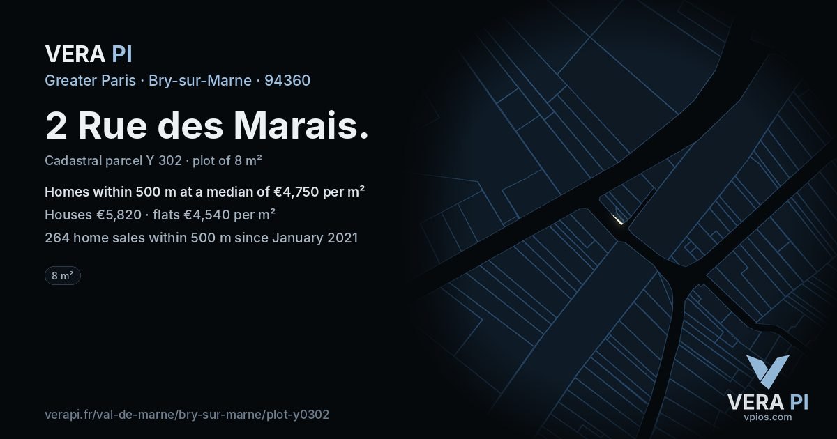 2 Rue des Marais, Bry-sur-Marne at night – the plot lit, the parcels around coloured by the prices near them