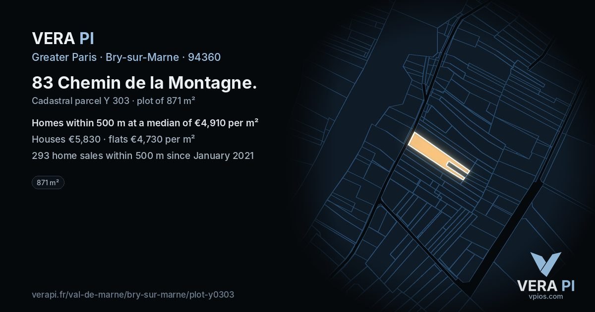 83 Chemin de la Montagne, Bry-sur-Marne at night – the plot lit, the parcels around coloured by the prices near them