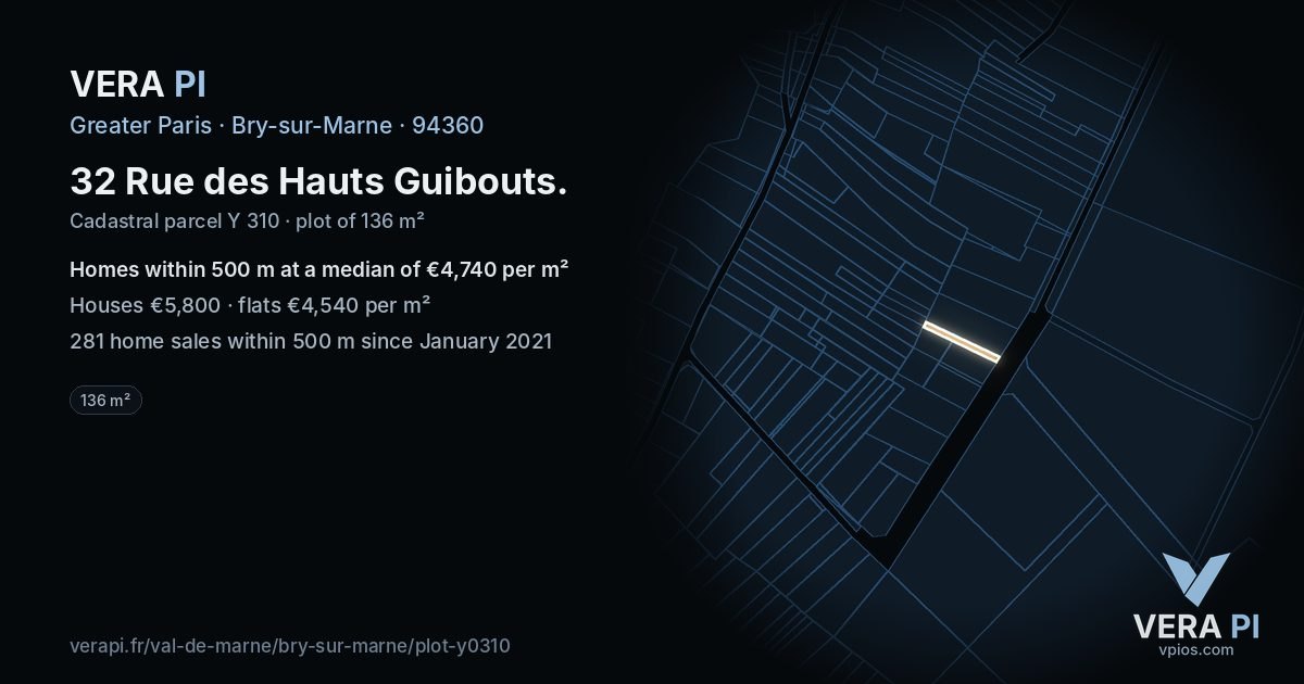 32 Rue des Hauts Guibouts, Bry-sur-Marne at night – the plot lit, the parcels around coloured by the prices near them
