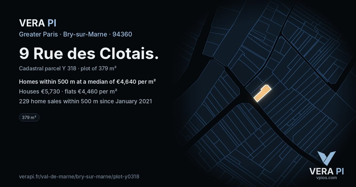 9 Rue des Clotais, Bry-sur-Marne at night – the plot lit, the parcels around coloured by the prices near them
