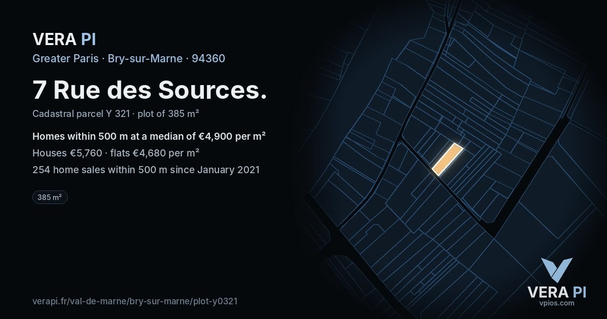 7 Rue des Sources, Bry-sur-Marne at night – the plot lit, the parcels around coloured by the prices near them