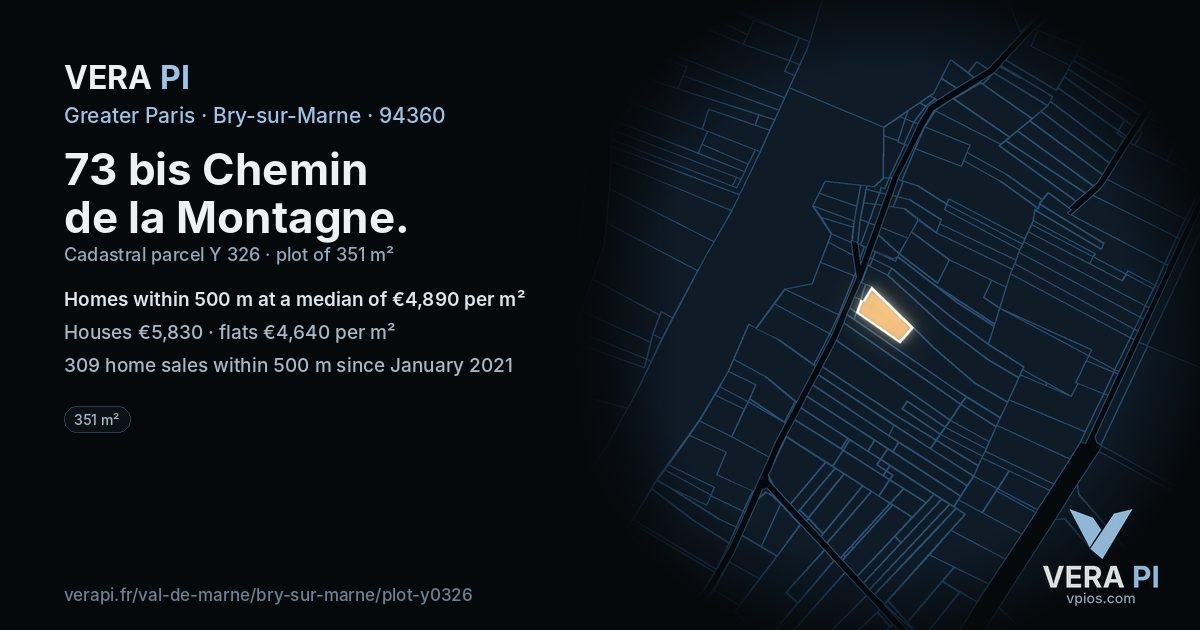 73 bis Chemin de la Montagne, Bry-sur-Marne at night – the plot lit, the parcels around coloured by the prices near them