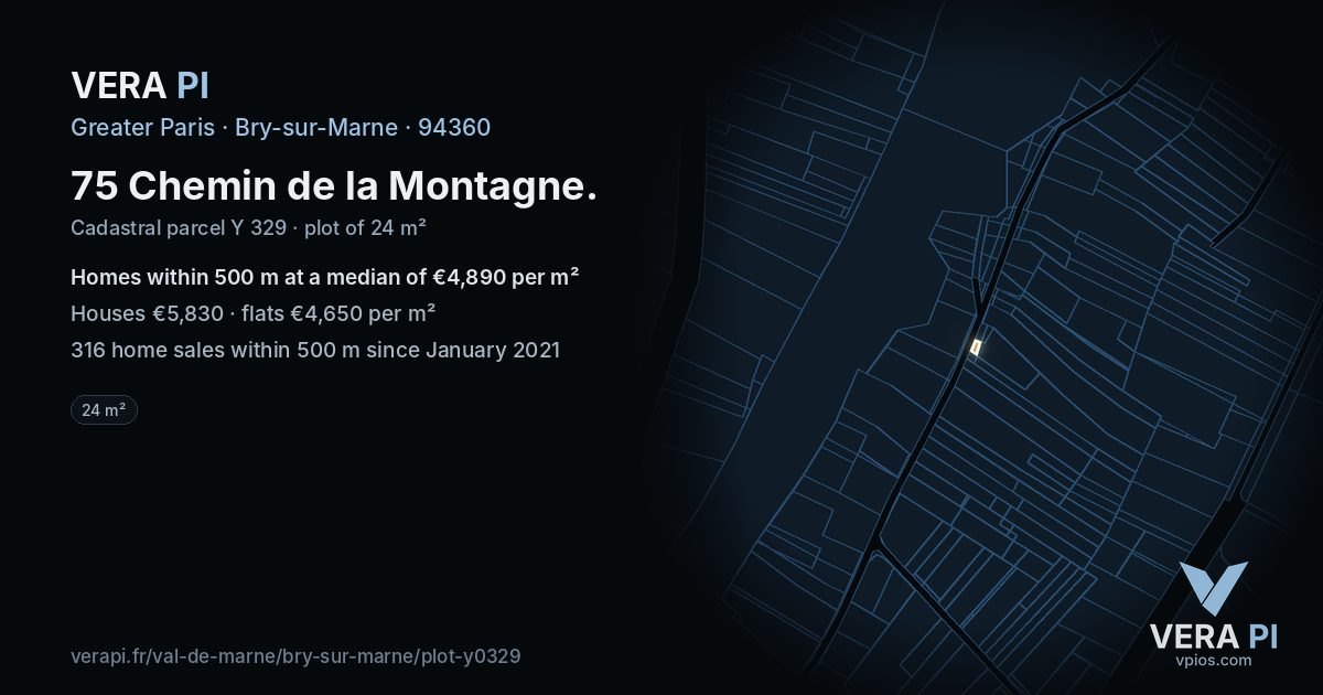 75 Chemin de la Montagne, Bry-sur-Marne at night – the plot lit, the parcels around coloured by the prices near them