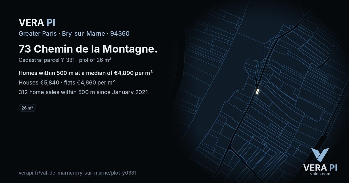 73 Chemin de la Montagne, Bry-sur-Marne at night – the plot lit, the parcels around coloured by the prices near them
