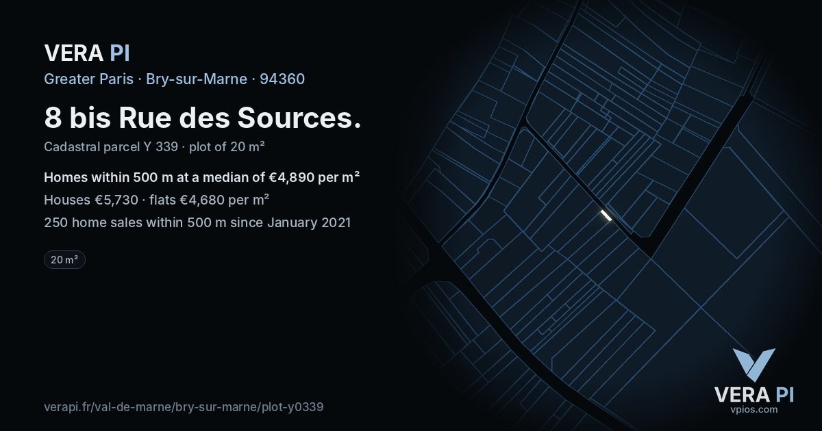 8 bis Rue des Sources, Bry-sur-Marne at night – the plot lit, the parcels around coloured by the prices near them
