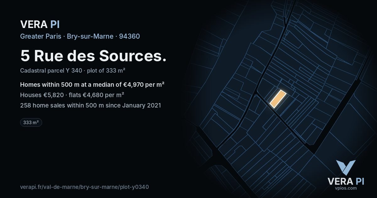 5 Rue des Sources, Bry-sur-Marne at night – the plot lit, the parcels around coloured by the prices near them