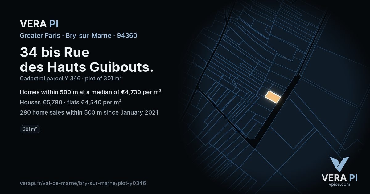 34 bis Rue des Hauts Guibouts, Bry-sur-Marne at night – the plot lit, the parcels around coloured by the prices near them