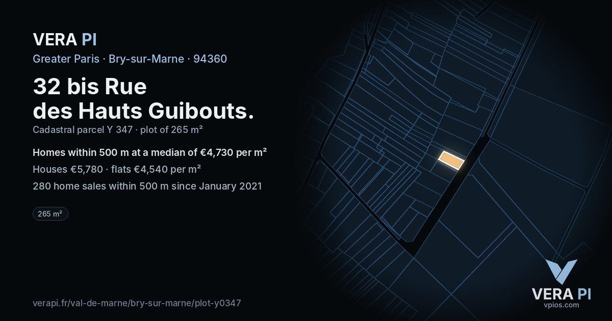 32 bis Rue des Hauts Guibouts, Bry-sur-Marne at night – the plot lit, the parcels around coloured by the prices near them