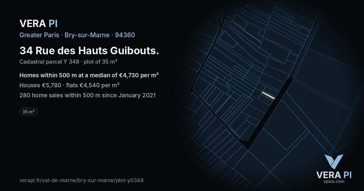 34 Rue des Hauts Guibouts, Bry-sur-Marne at night – the plot lit, the parcels around coloured by the prices near them