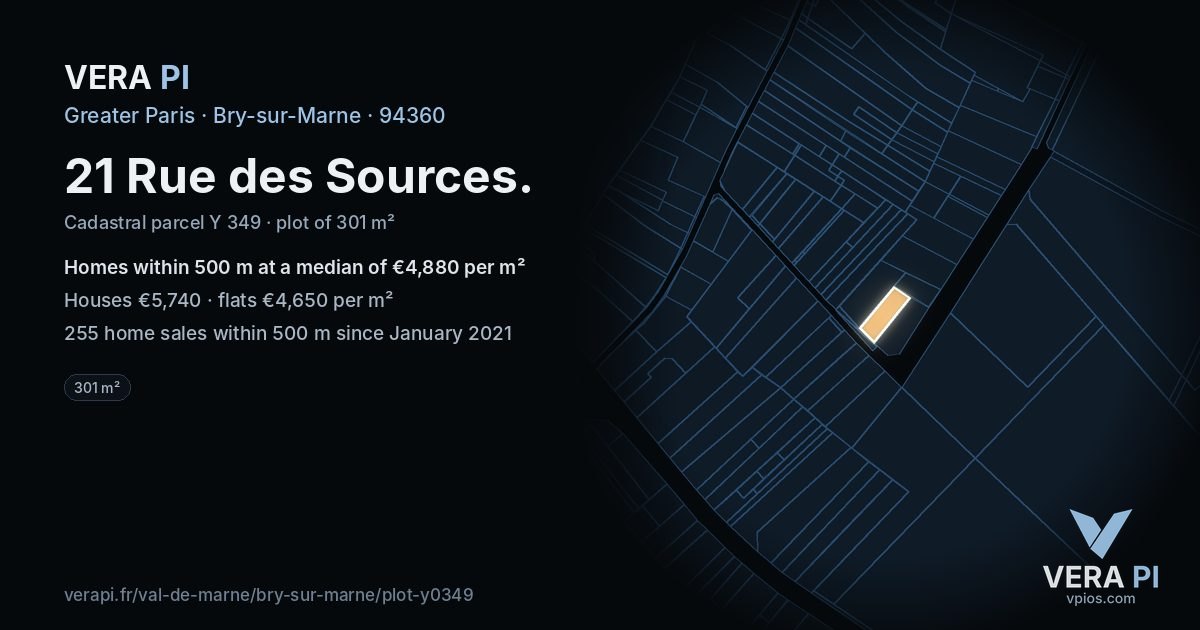 21 Rue des Sources, Bry-sur-Marne at night – the plot lit, the parcels around coloured by the prices near them