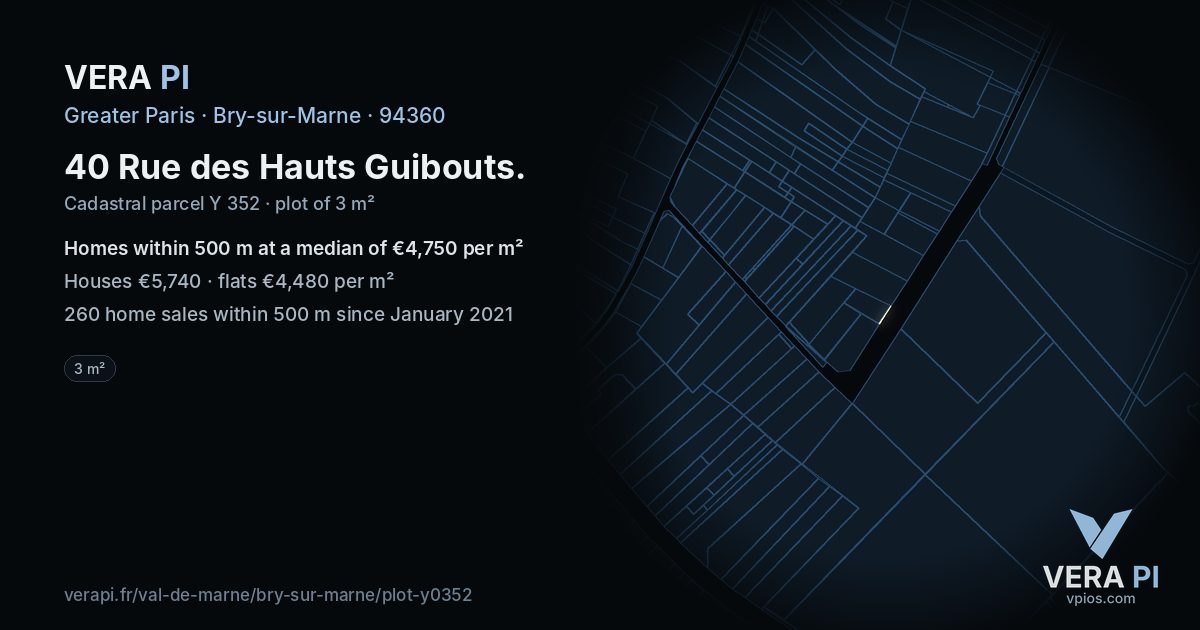 40 Rue des Hauts Guibouts, Bry-sur-Marne at night – the plot lit, the parcels around coloured by the prices near them
