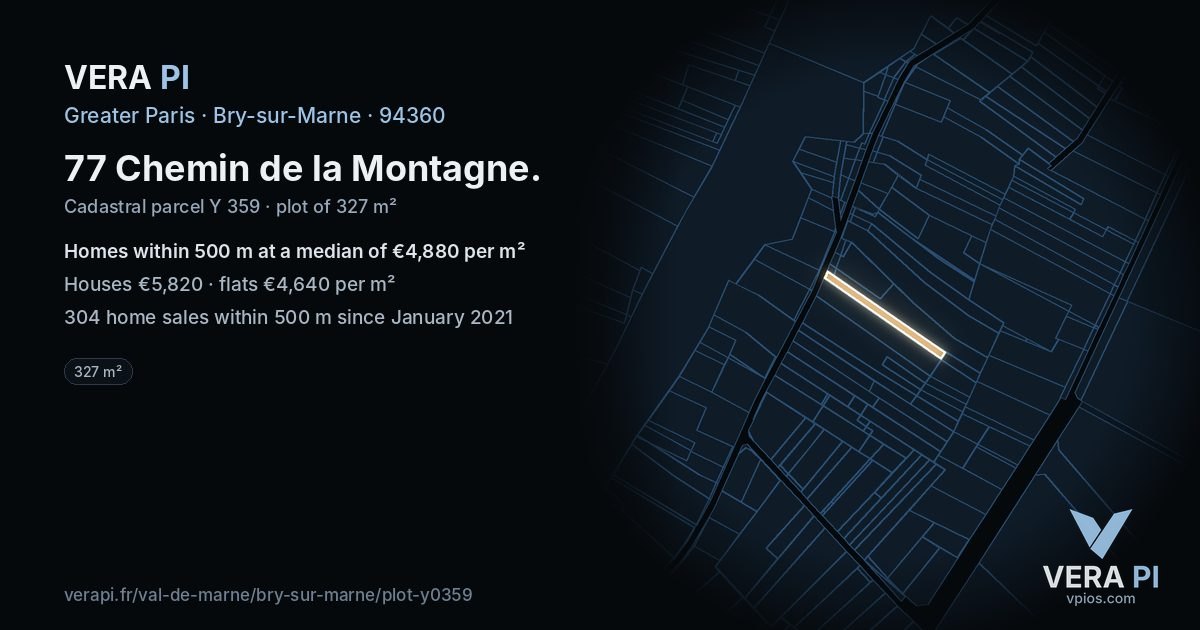 77 Chemin de la Montagne, Bry-sur-Marne at night – the plot lit, the parcels around coloured by the prices near them