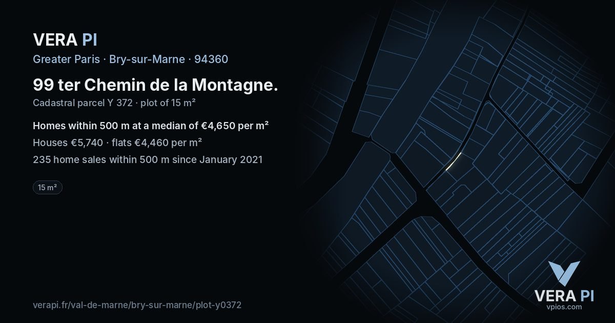 99 ter Chemin de la Montagne, Bry-sur-Marne at night – the plot lit, the parcels around coloured by the prices near them