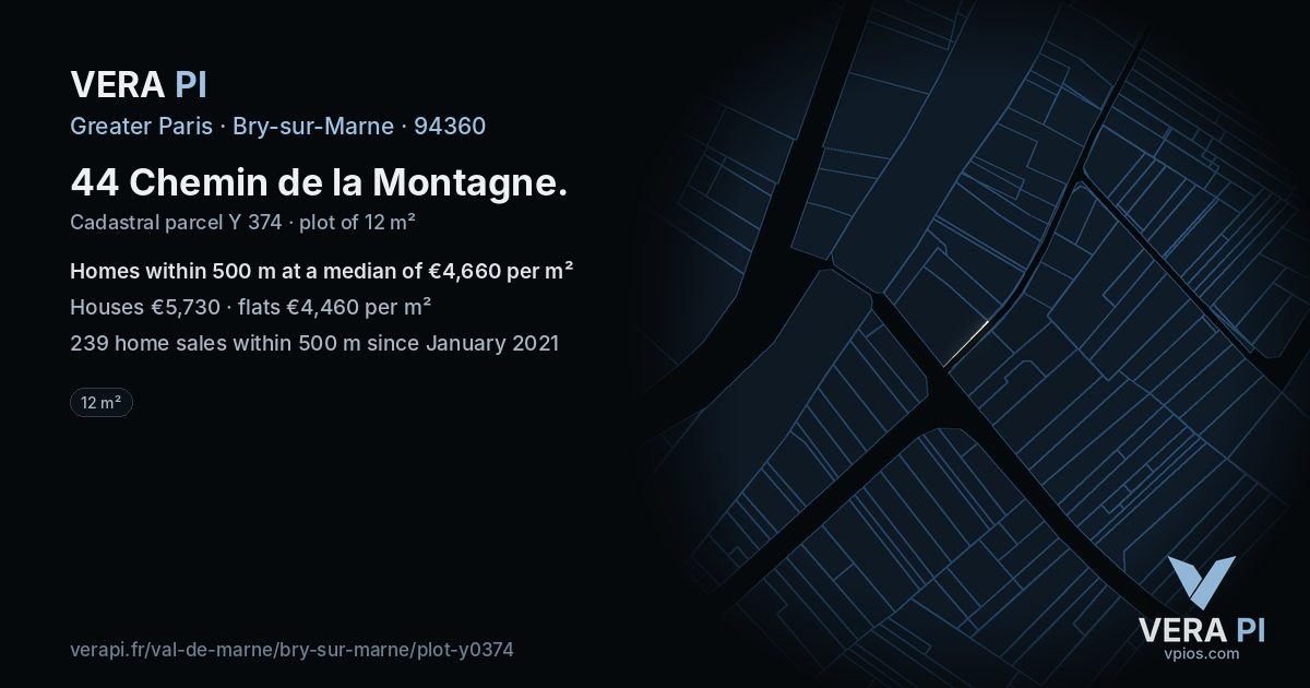 44 Chemin de la Montagne, Bry-sur-Marne at night – the plot lit, the parcels around coloured by the prices near them