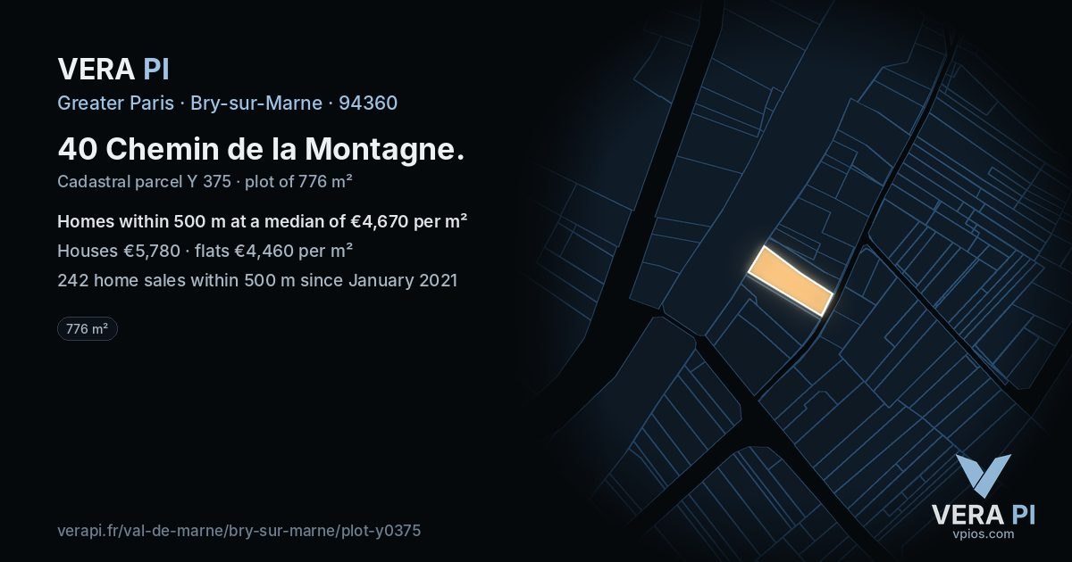40 Chemin de la Montagne, Bry-sur-Marne at night – the plot lit, the parcels around coloured by the prices near them