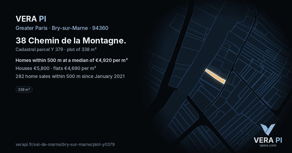 38 Chemin de la Montagne, Bry-sur-Marne at night – the plot lit, the parcels around coloured by the prices near them