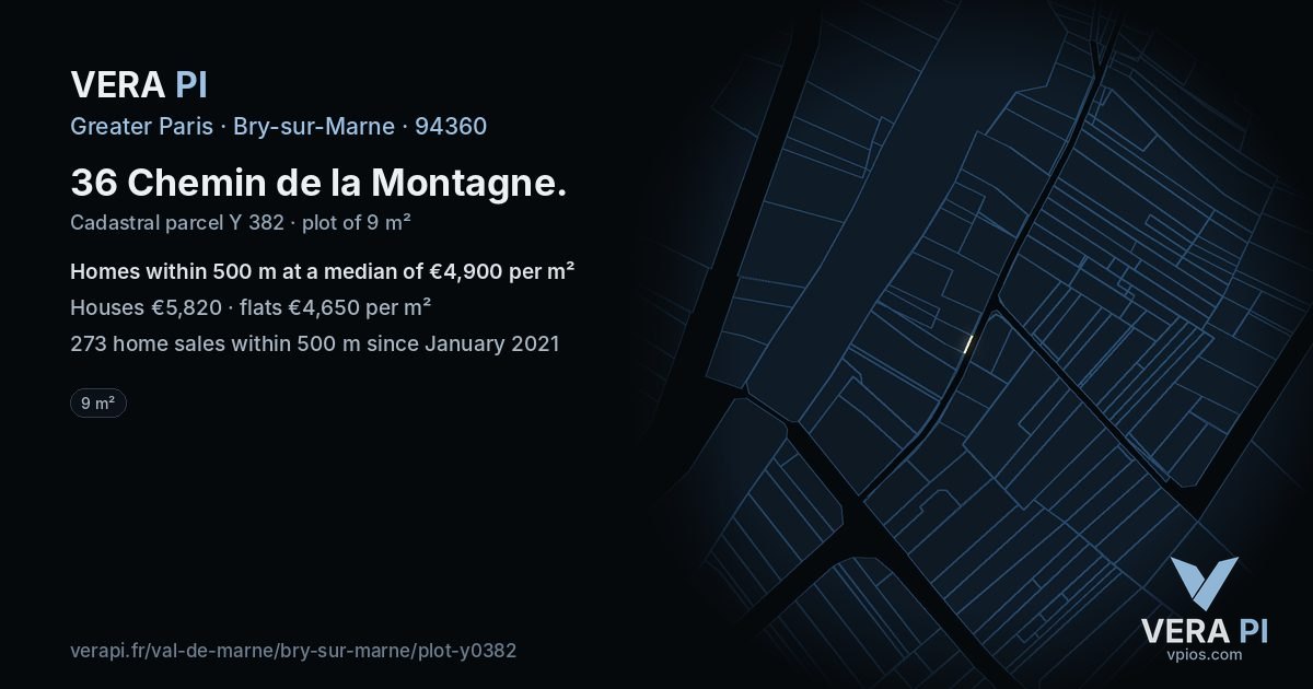 36 Chemin de la Montagne, Bry-sur-Marne at night – the plot lit, the parcels around coloured by the prices near them