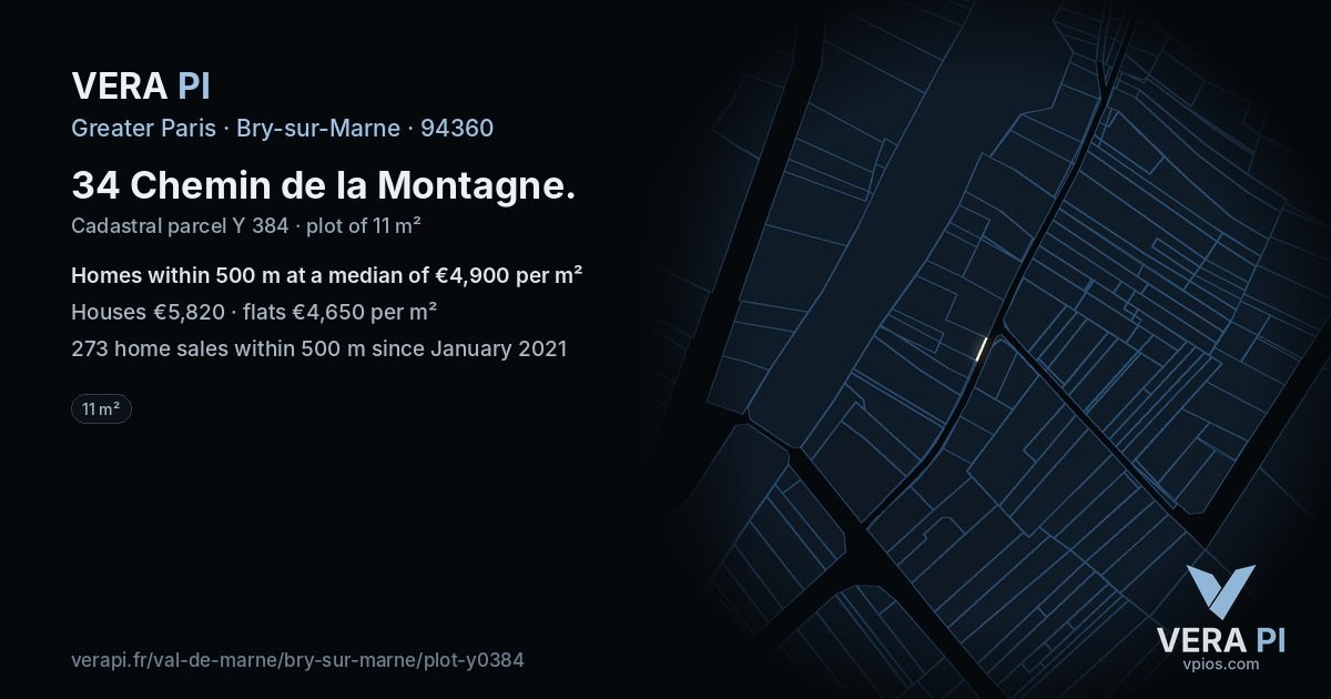 34 Chemin de la Montagne, Bry-sur-Marne at night – the plot lit, the parcels around coloured by the prices near them