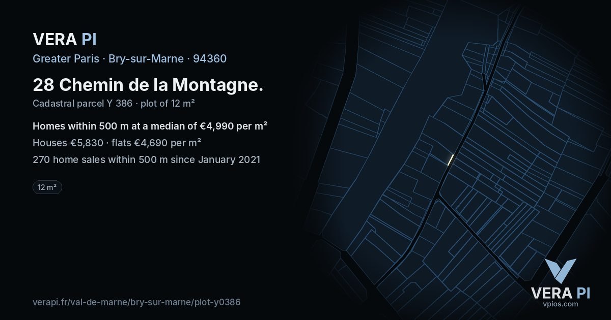 28 Chemin de la Montagne, Bry-sur-Marne at night – the plot lit, the parcels around coloured by the prices near them