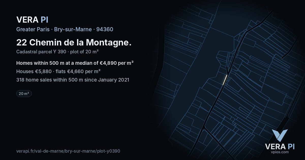 22 Chemin de la Montagne, Bry-sur-Marne at night – the plot lit, the parcels around coloured by the prices near them