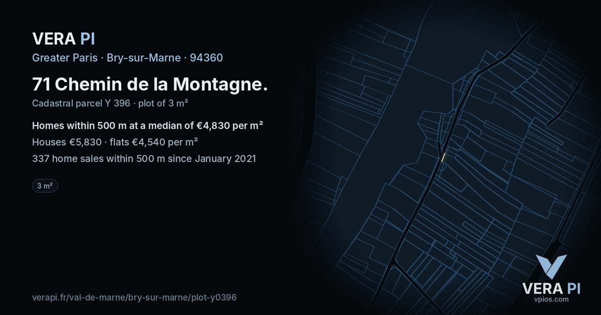 71 Chemin de la Montagne, Bry-sur-Marne at night – the plot lit, the parcels around coloured by the prices near them
