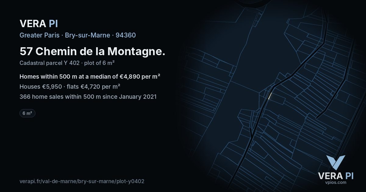57 Chemin de la Montagne, Bry-sur-Marne at night – the plot lit, the parcels around coloured by the prices near them