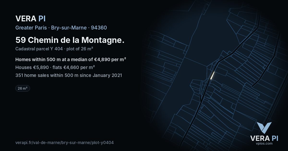 59 Chemin de la Montagne, Bry-sur-Marne at night – the plot lit, the parcels around coloured by the prices near them