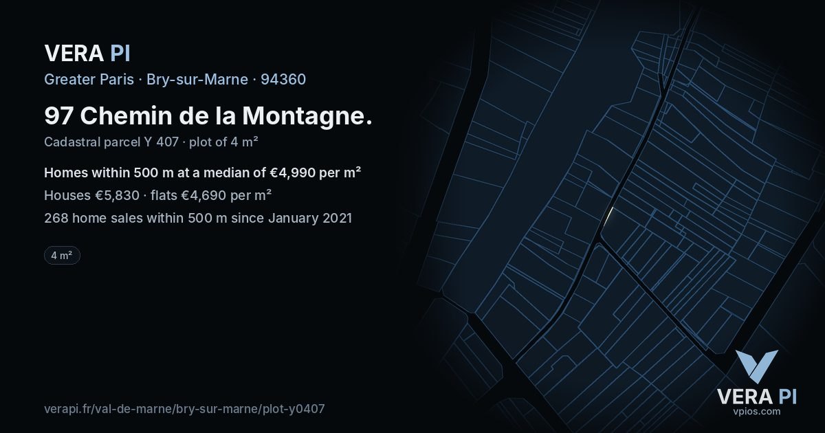 97 Chemin de la Montagne, Bry-sur-Marne at night – the plot lit, the parcels around coloured by the prices near them