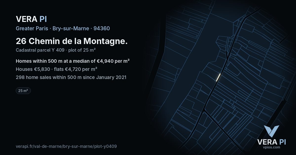 26 Chemin de la Montagne, Bry-sur-Marne at night – the plot lit, the parcels around coloured by the prices near them