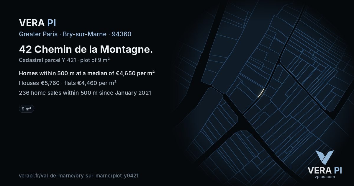 42 Chemin de la Montagne, Bry-sur-Marne at night – the plot lit, the parcels around coloured by the prices near them
