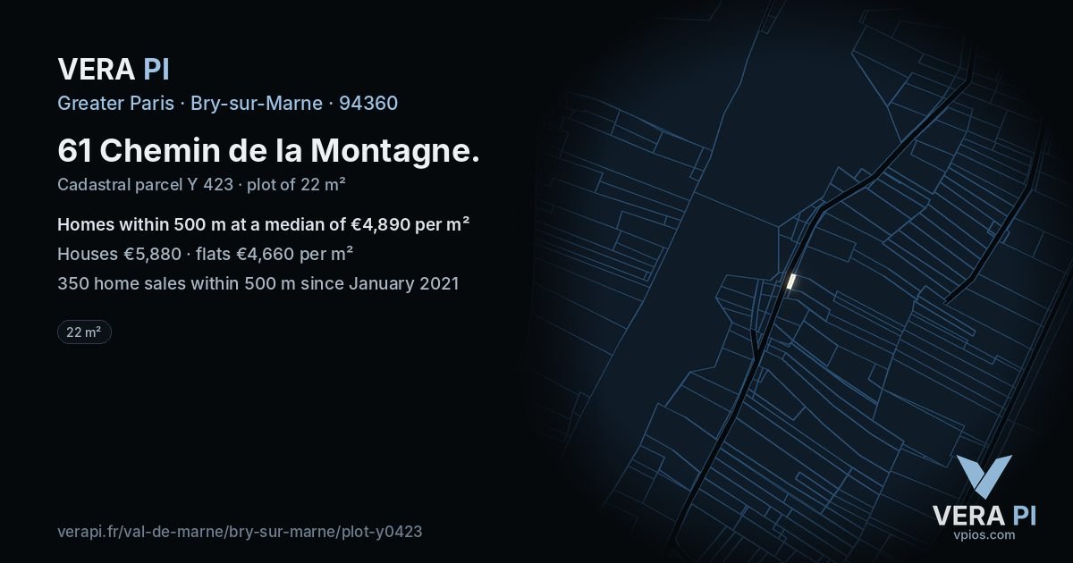 61 Chemin de la Montagne, Bry-sur-Marne at night – the plot lit, the parcels around coloured by the prices near them
