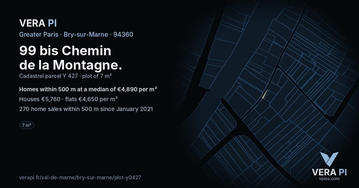 99 bis Chemin de la Montagne, Bry-sur-Marne at night – the plot lit, the parcels around coloured by the prices near them