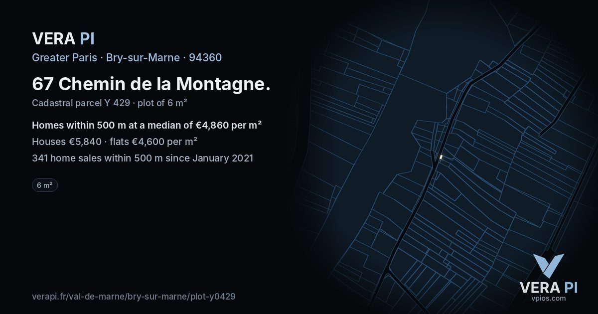 67 Chemin de la Montagne, Bry-sur-Marne at night – the plot lit, the parcels around coloured by the prices near them