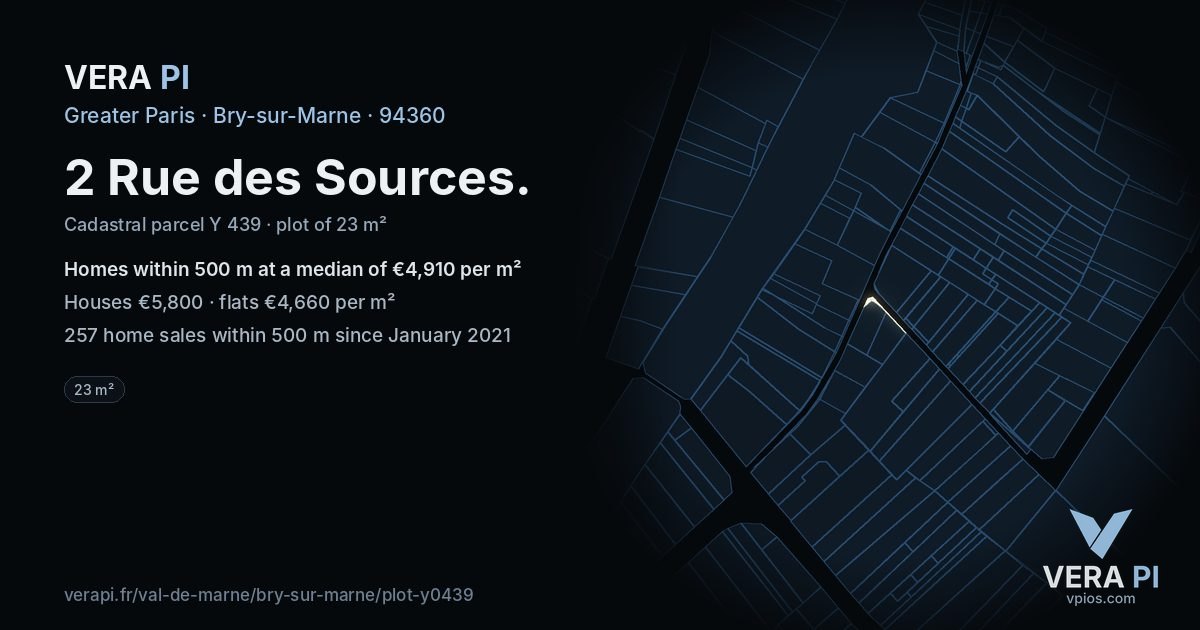 2 Rue des Sources, Bry-sur-Marne at night – the plot lit, the parcels around coloured by the prices near them